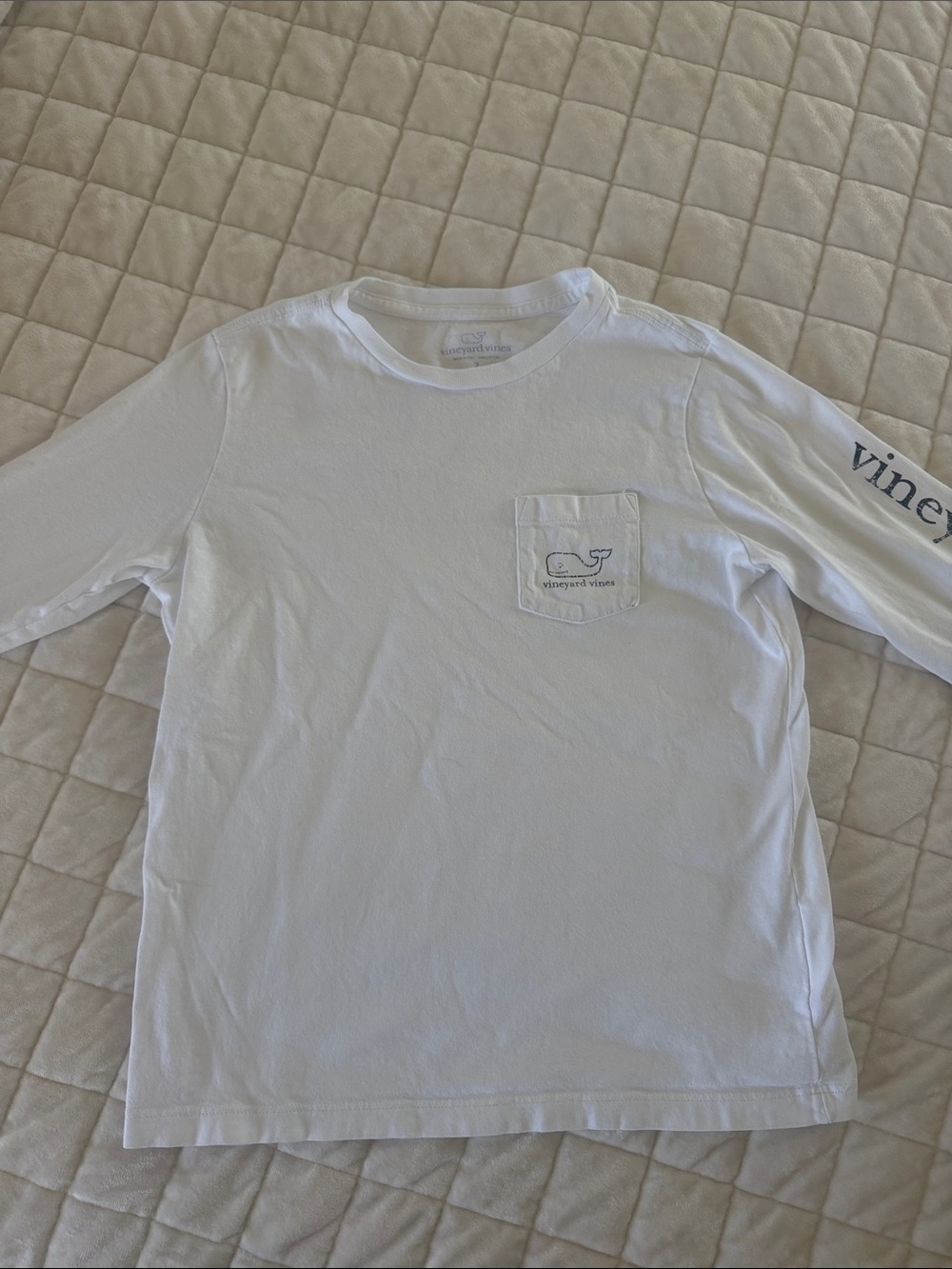 Boys Vineyard Vines White Long-Sleeve Pocket Tee with Logo Sleeve